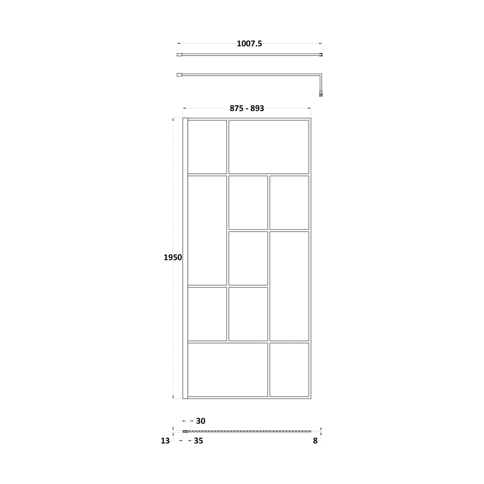 [BEFB090] Balterley Contemporary Bathroom Abstract Frame Design 8mm Glass Wetroom Screen, 1950 x 700 x 14mm, Matt Black - Technical Drawing