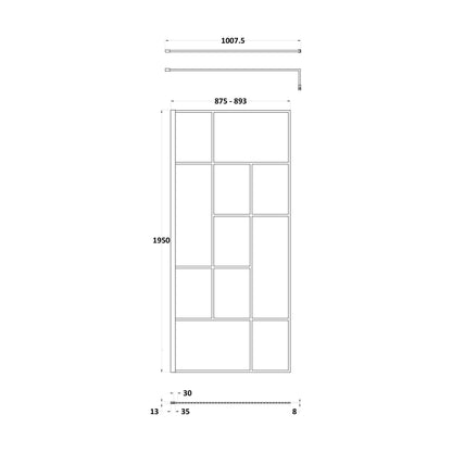 [BEFB090] Balterley Contemporary Bathroom Abstract Frame Design 8mm Glass Wetroom Screen, 1950 x 700 x 14mm, Matt Black - Technical Drawing