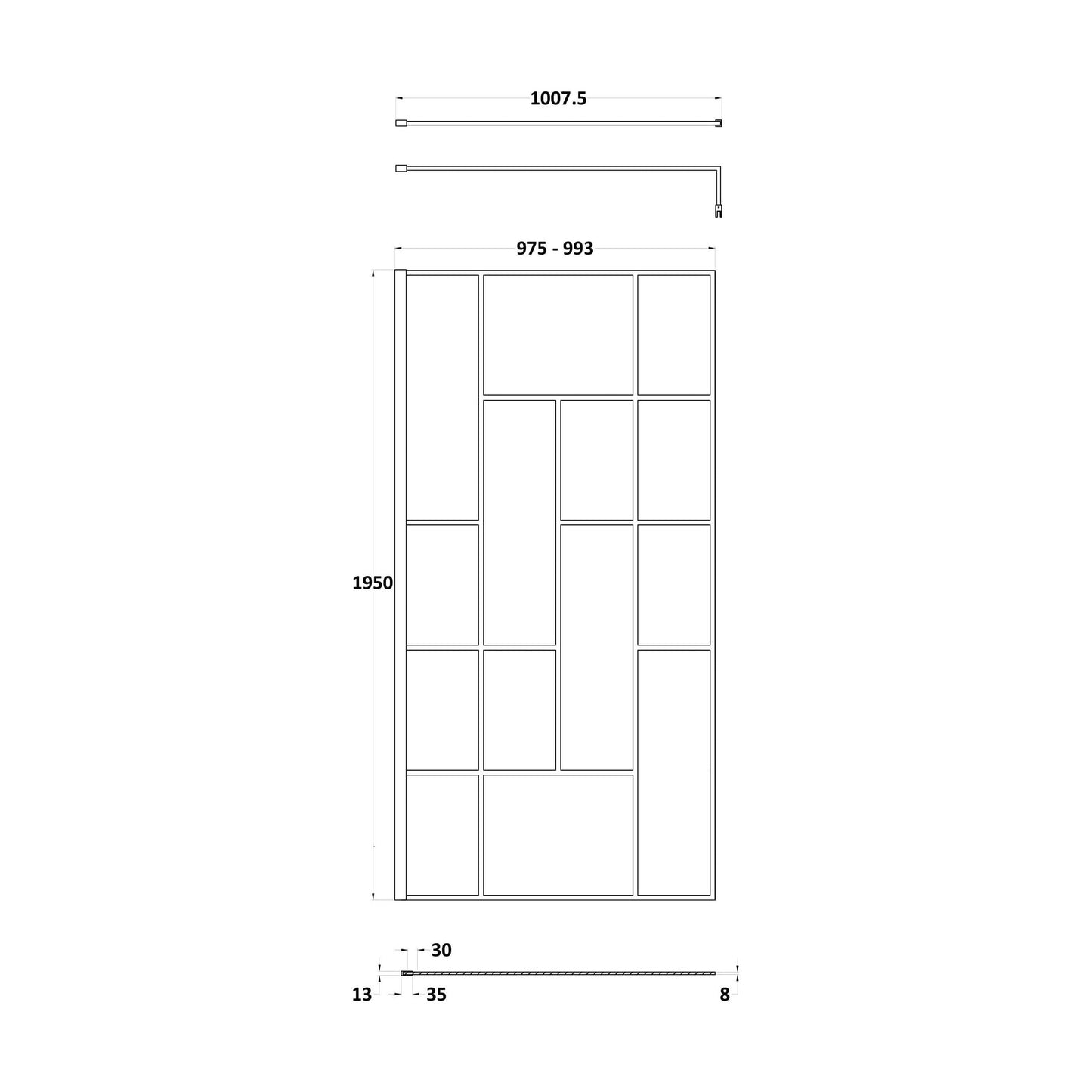 [BEFB10] Balterley Contemporary Bathroom Abstract Frame Design 8mm Glass Wetroom Screen, 1950 x 700 x 14mm, Matt Black - Technical Drawing