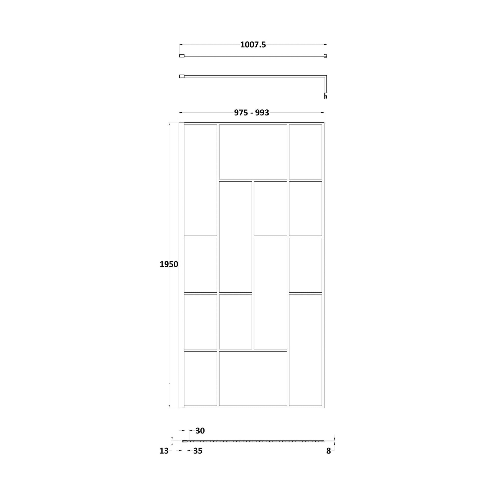 [BEFB10] Balterley Contemporary Bathroom Abstract Frame Design 8mm Glass Wetroom Screen, 1950 x 700 x 14mm, Matt Black - Technical Drawing
