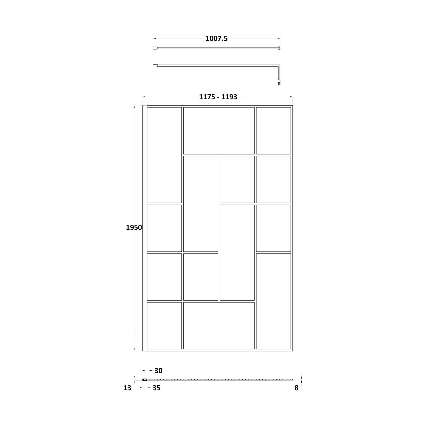 [BEFB12] Balterley Contemporary Bathroom Abstract Frame Design 8mm Glass Wetroom Screen, 1950 x 700 x 14mm, Matt Black - Technical Drawing