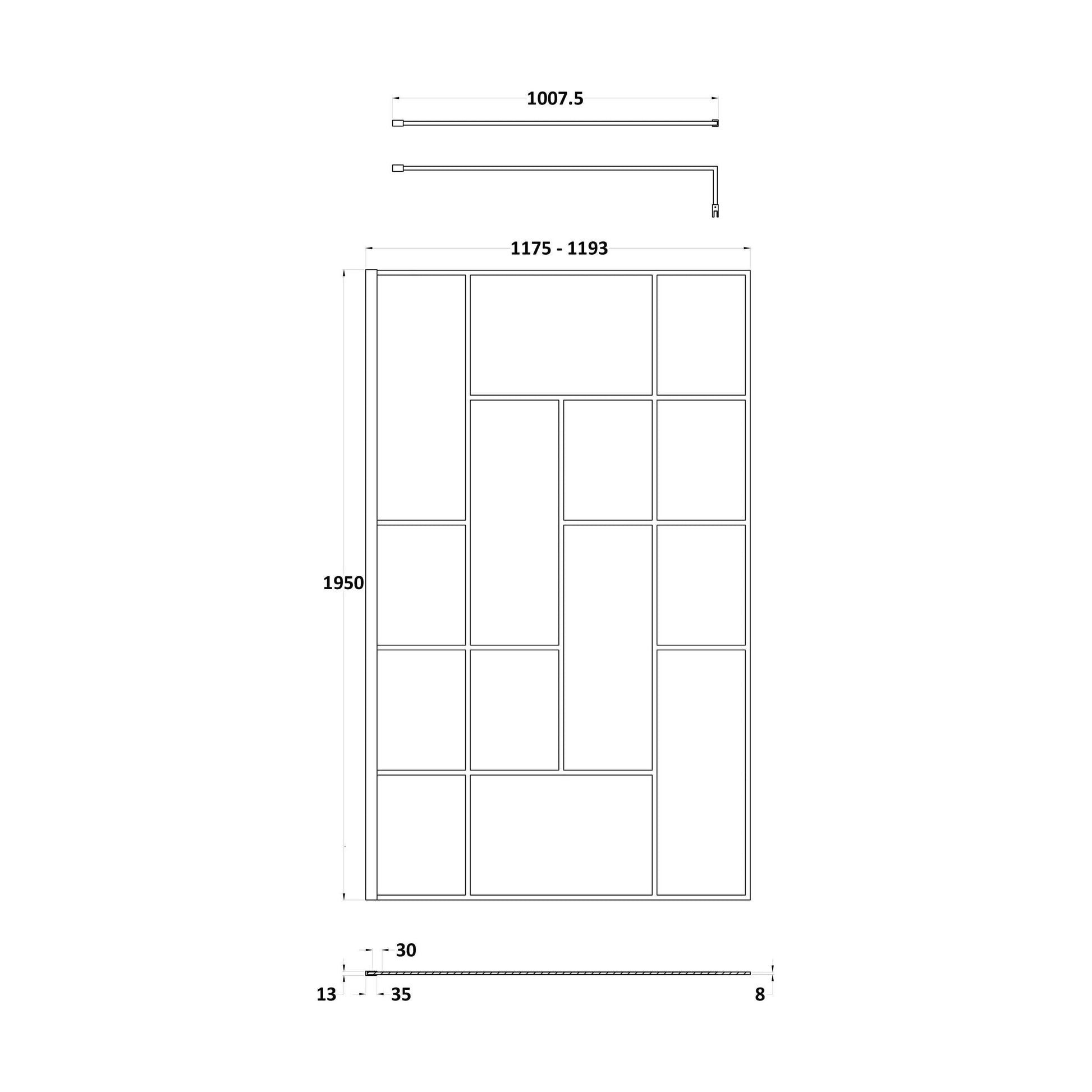 [BEFB12] Balterley Contemporary Bathroom Abstract Frame Design 8mm Glass Wetroom Screen, 1950 x 700 x 14mm, Matt Black - Technical Drawing
