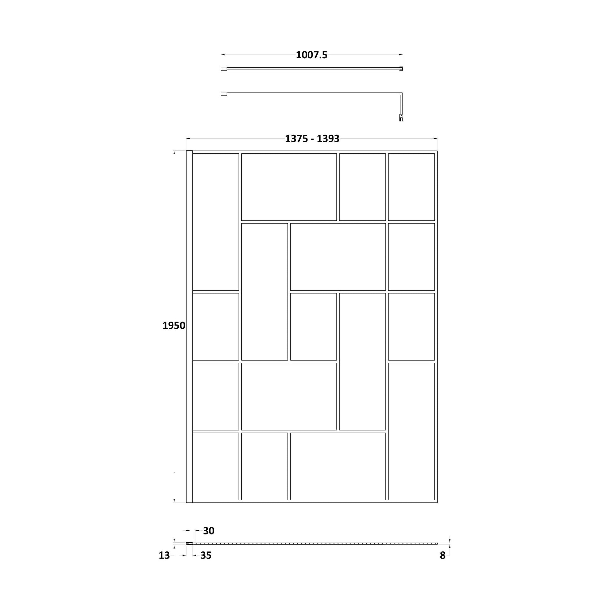 [BEFB14] Balterley Contemporary Bathroom Abstract Frame Design 8mm Glass Wetroom Screen, 1950 x 700 x 14mm, Matt Black - Technical Drawing