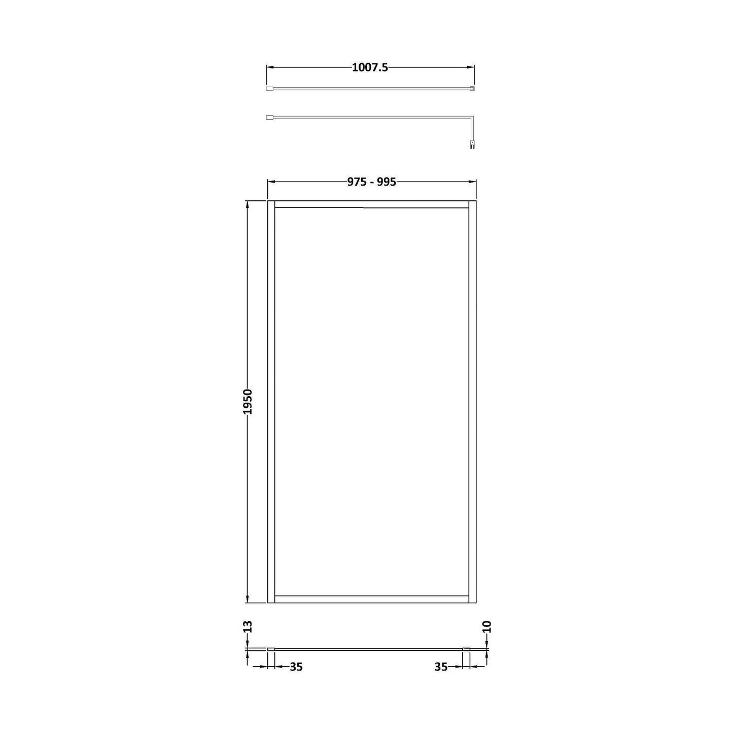 [BEFF1000BB] Balterley Contemporary Bathroom 8mm Glass Full Outer Frame Wetroom Screen, Brushed Brass, 1950 x 1000 x 8mm - Technical Drawing