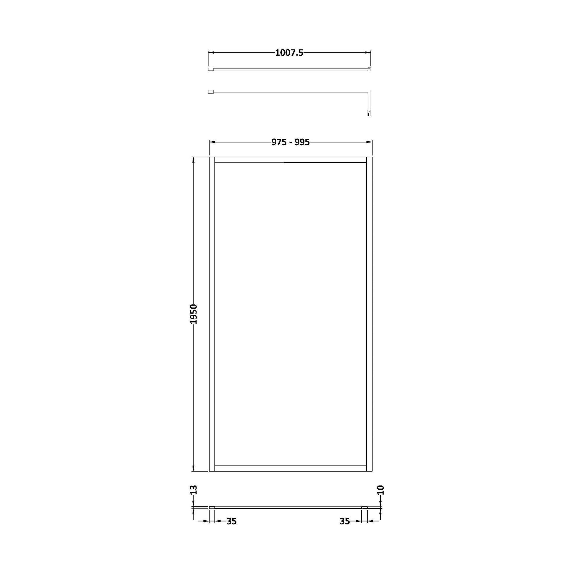 [BEFF1000MB] Balterley Contemporary Bathroom 8mm Glass Full Outer Frame Wetroom Screen, Matt Black, 1950 x 1000 x 8mm - Technical Drawing