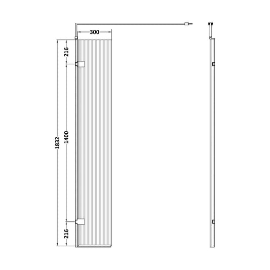 [BEFL1830BP] Balterley 8mm Fluted Toughened Safety Glass Hinged Return Screen with Support Bar: 300mm, Black - Technical Drawing