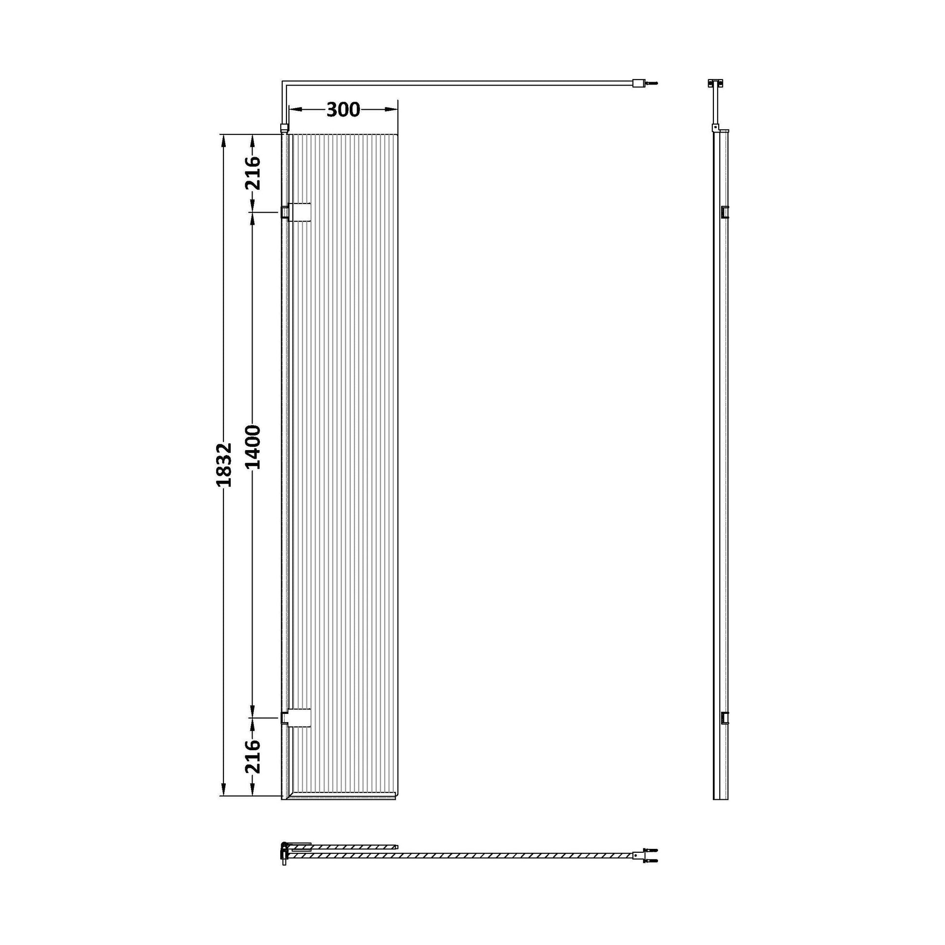 [BEFL1830] Balterley 8mm Fluted Toughened Safety Glass Hinged Return Screen with Support Bar: 300mm, Chrome - Technical Drawing