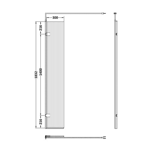 [BEFL1830] Balterley 8mm Fluted Toughened Safety Glass Hinged Return Screen with Support Bar: 300mm, Chrome - Technical Drawing