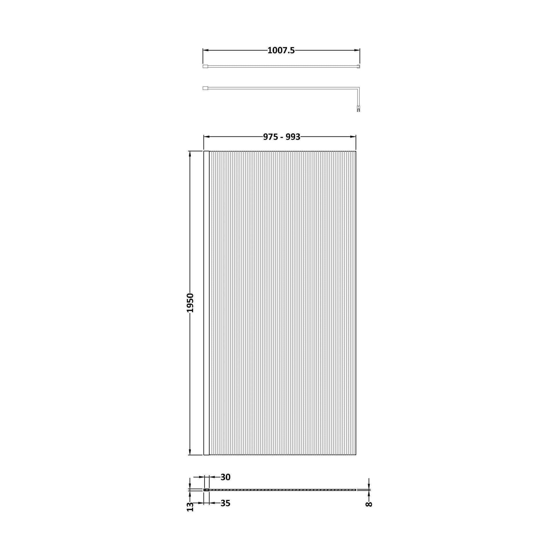 [BEFL19510MB] Balterley Contemporary Bathroom 8mm Fluted Glass Wetroom Screen with Support Bar, 1950 x 800 x 14mm, Polished Chrome - Technical Drawing