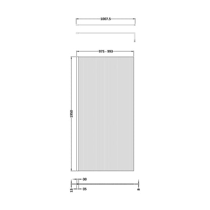 [BEFL19510] Balterley Contemporary Bathroom 8mm Fluted Glass Wetroom Screen with Support Bar, 1950 x 800 x 14mm, Polished Chrome - Technical Drawing