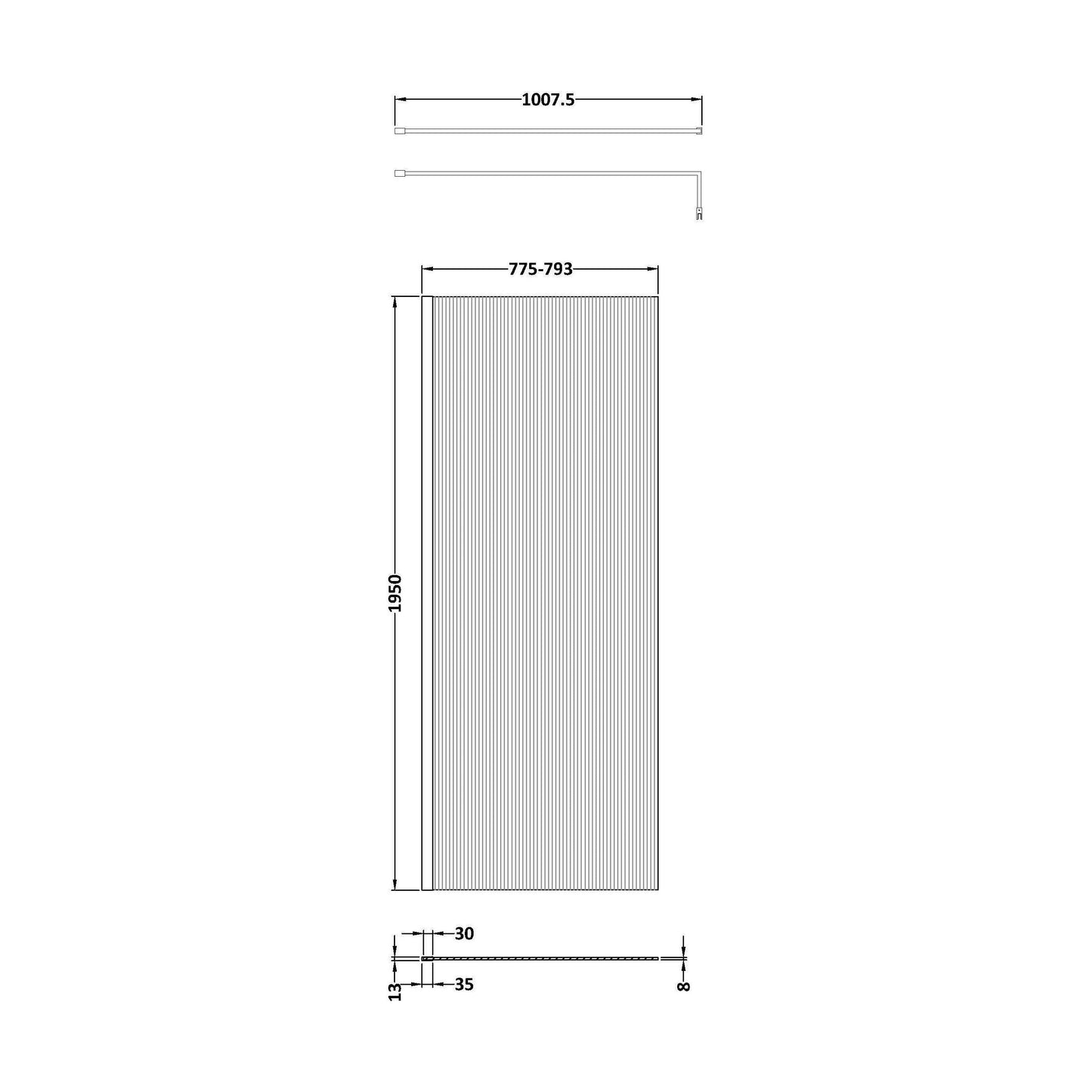 [BEFL19580] Balterley Contemporary Bathroom 8mm Fluted Glass Wetroom Screen with Support Bar, 1950 x 800 x 14mm, Polished Chrome - Technical Drawing