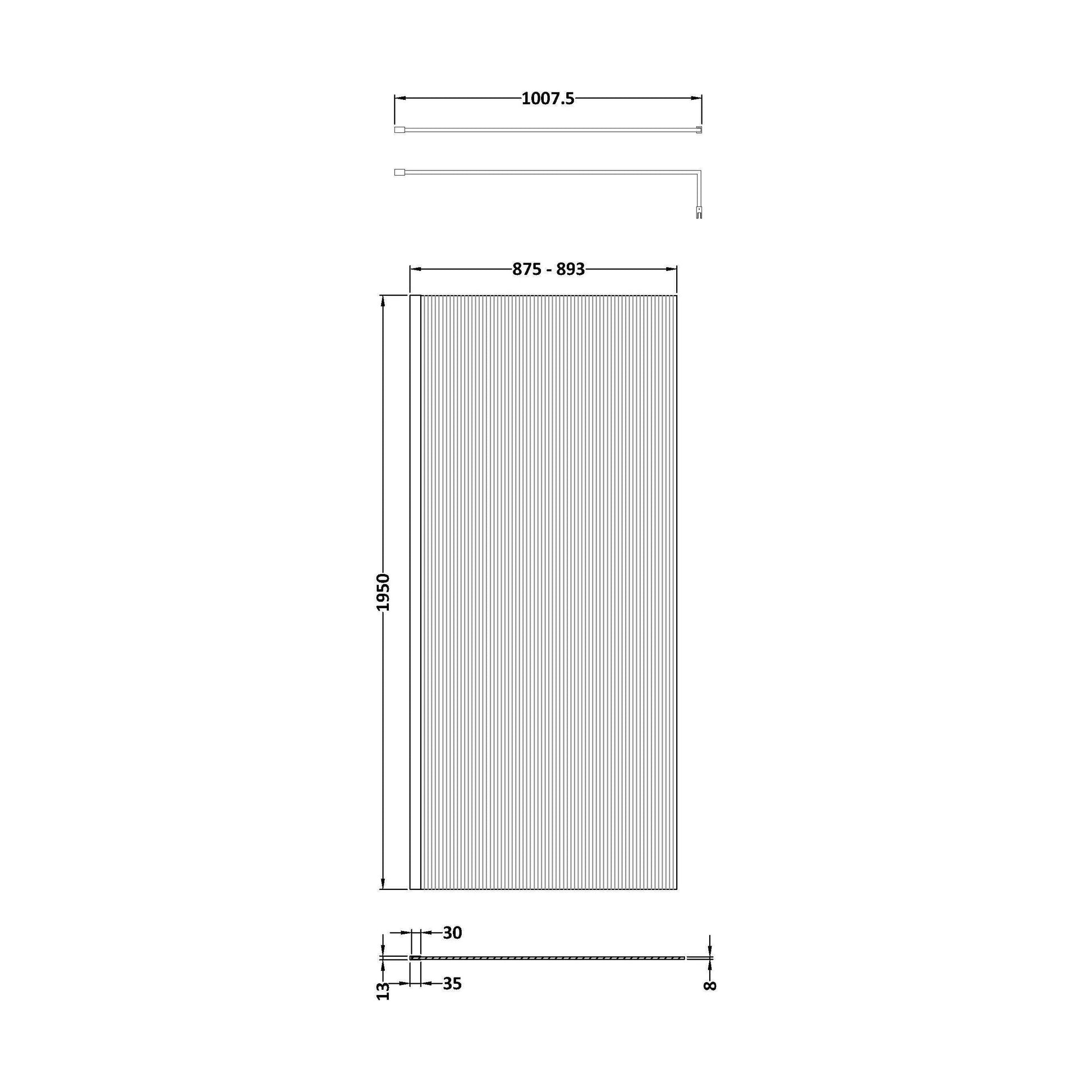 [BEFL19590BB] Balterley Contemporary Bathroom 8mm Fluted Glass Wetroom Screen with Support Bar, 1950 x 800 x 14mm, Polished Chrome - Technical Drawing
