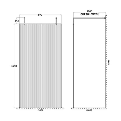[BEFLAF1000BB] Balterley Contemporary Bathroom 8mm Fluted Glass Wetroom Screen with Arms & Feet, 2091 x 770 x 1000mm, Polished Chrome - Technical Drawing