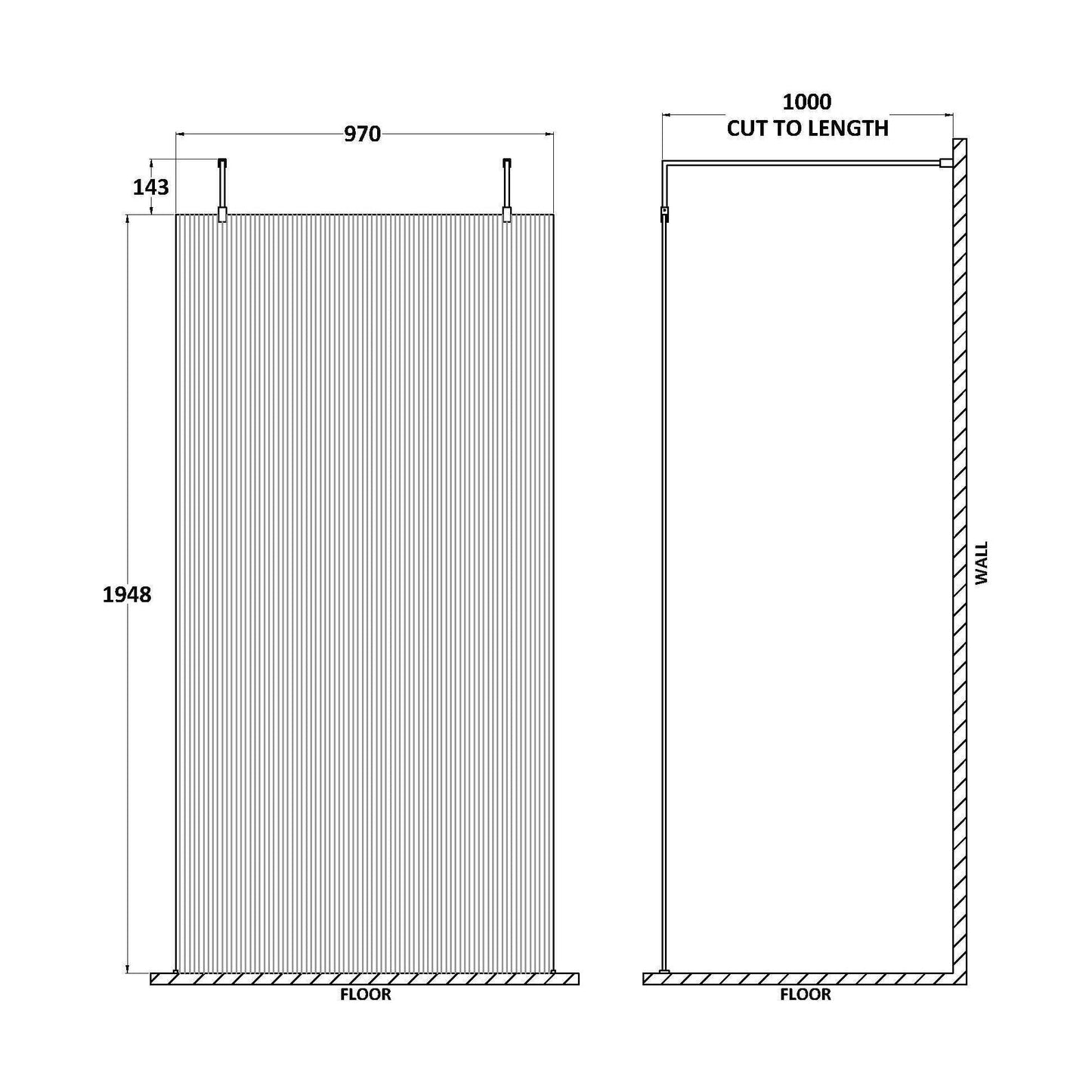 [BEFLAF1000MB] Balterley Contemporary Bathroom 8mm Fluted Glass Wetroom Screen with Arms & Feet, 2091 x 770 x 1000mm, Polished Chrome - Technical Drawing