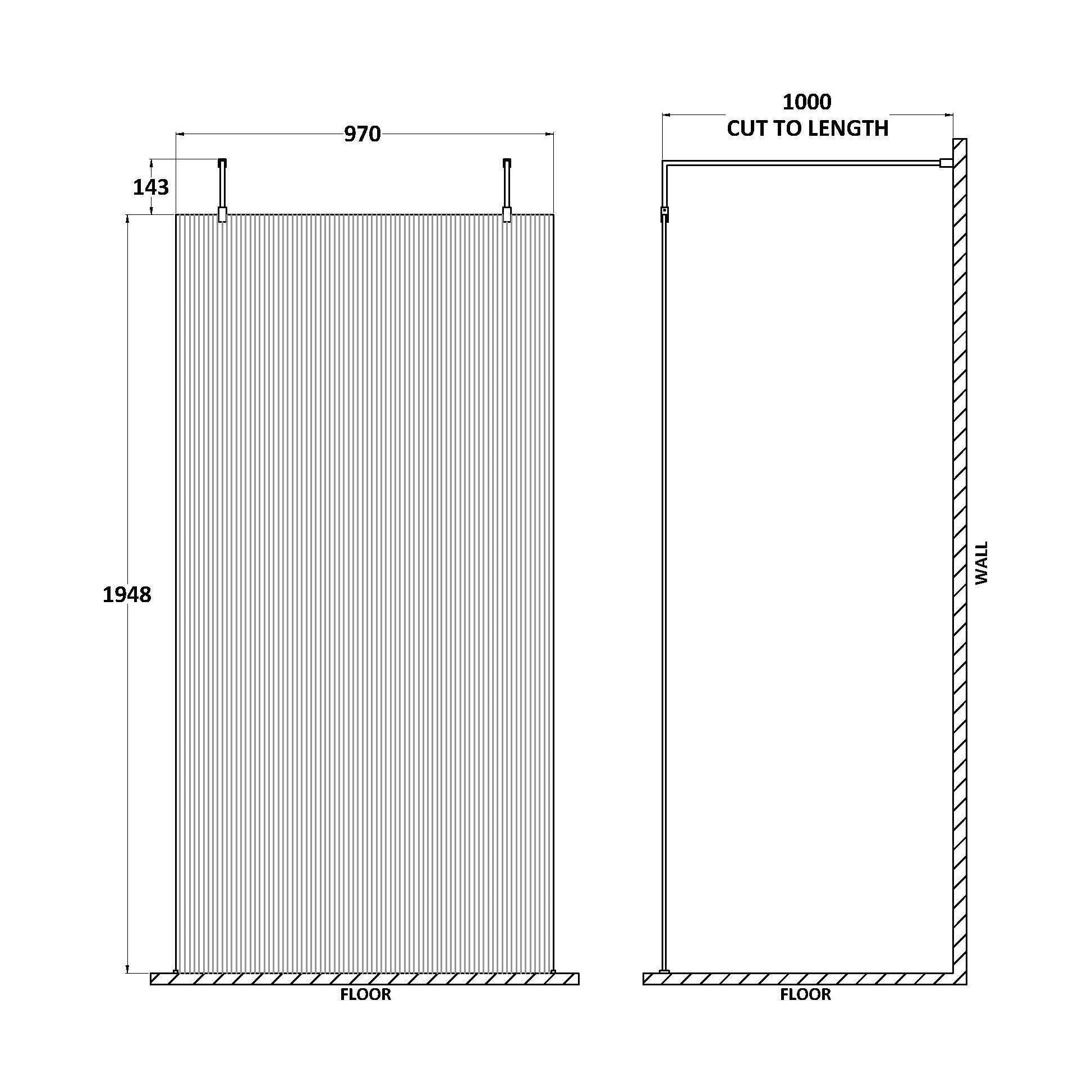 [BEFLAF1000MB] Balterley Contemporary Bathroom 8mm Fluted Glass Wetroom Screen with Arms & Feet, 2091 x 770 x 1000mm, Polished Chrome - Technical Drawing
