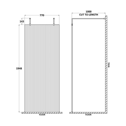 [BEFLAF800CP] Balterley Contemporary Bathroom 8mm Fluted Glass Wetroom Screen with Arms & Feet, 2091 x 770 x 1000mm, Polished Chrome - Technical Drawing