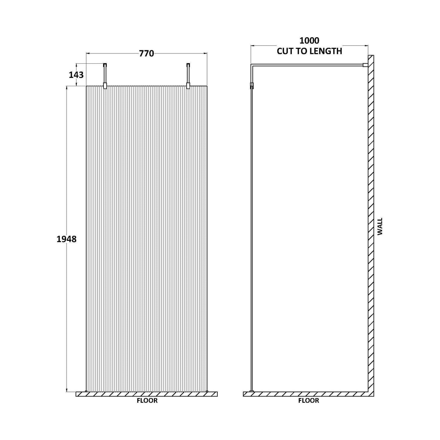 [BEFLAF800MB] Balterley Contemporary Bathroom 8mm Fluted Glass Wetroom Screen with Arms & Feet, 2091 x 770 x 1000mm, Polished Chrome - Technical Drawing
