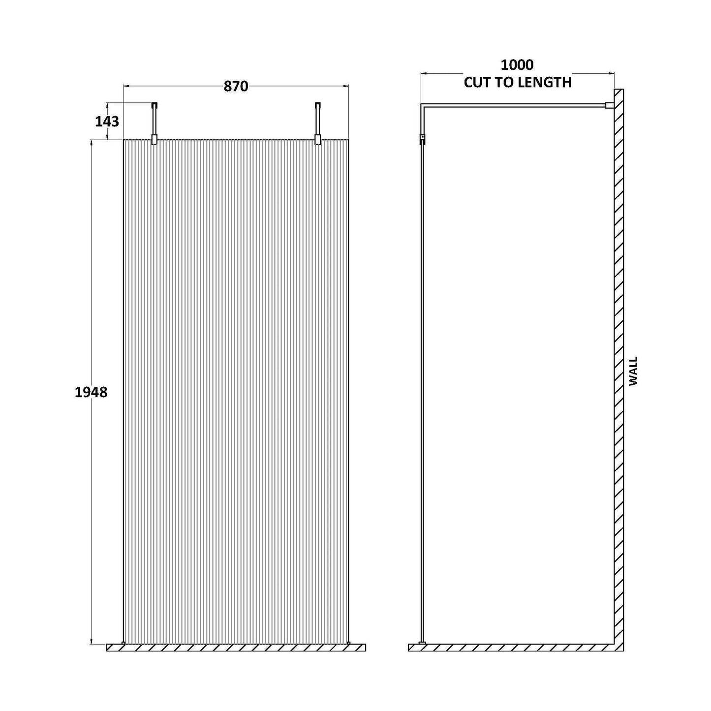 [BEFLAF900CP] Balterley Contemporary Bathroom 8mm Fluted Glass Wetroom Screen with Arms & Feet, 2091 x 770 x 1000mm, Polished Chrome - Technical Drawing