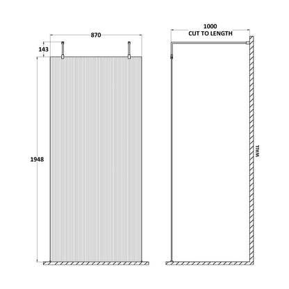 [BEFLAF900MB] Balterley Contemporary Bathroom 8mm Fluted Glass Wetroom Screen with Arms & Feet, 2091 x 770 x 1000mm, Polished Chrome - Technical Drawing