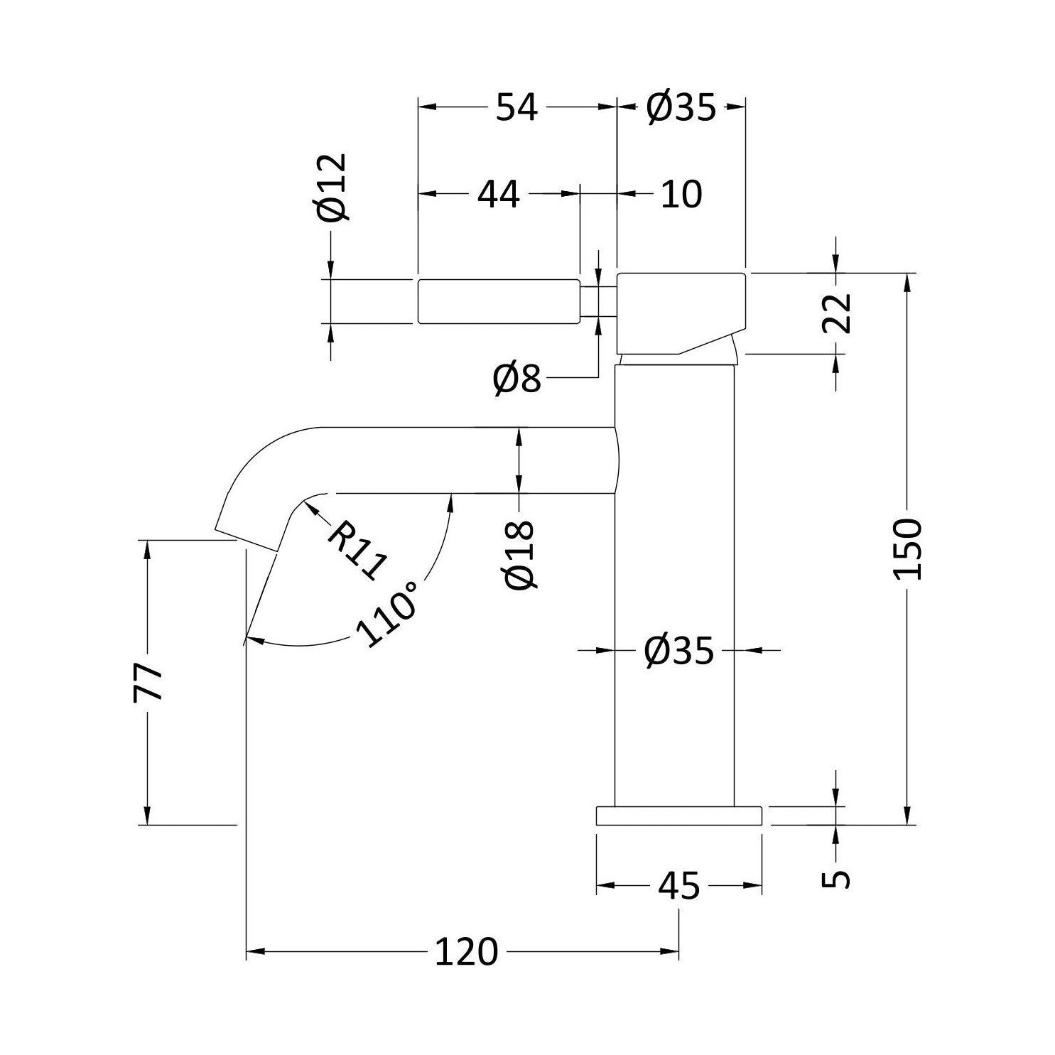 [BEL405] Tec Mono Basin Mixer w Waste & Lever - Technical Drawing