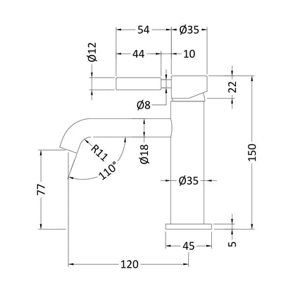 [BEL405] Tec Mono Basin Mixer w Waste & Lever - Technical Drawing