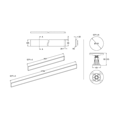 [BELG3W] Shower Tray Leg Set - White - For 1100mm-1200mm Rectangular Resin Trays - Technical Drawing