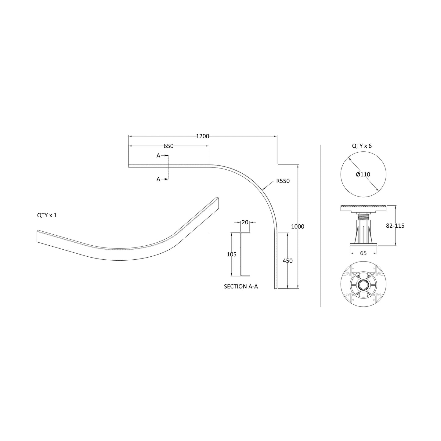 [BELG5S] Shower Tray Leg Set - Slate Grey - For 700mm-900mm Quadrant Resin Trays - Technical Drawing