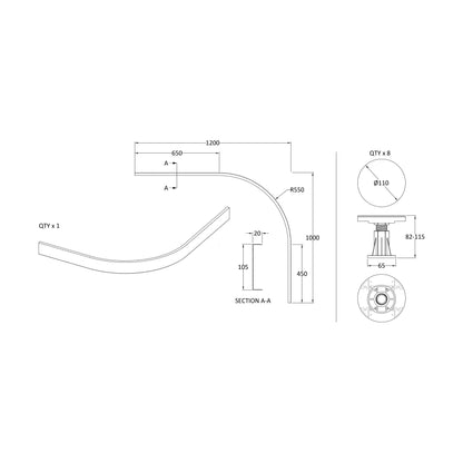 [BELG6W] Shower Tray Leg Set - White - For 1000mm-1200mm Quadrant & Offset Resin Trays - Technical Drawing