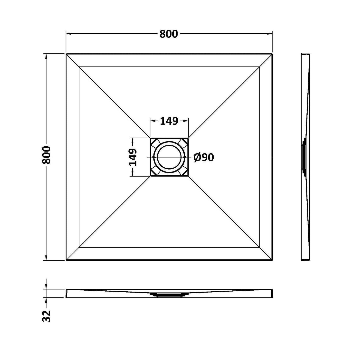 [BELT61006] Balterley Shower Tray Ultra-Slim 32mm Low-Profile Square - Choice of Size and Finish - Technical Drawing