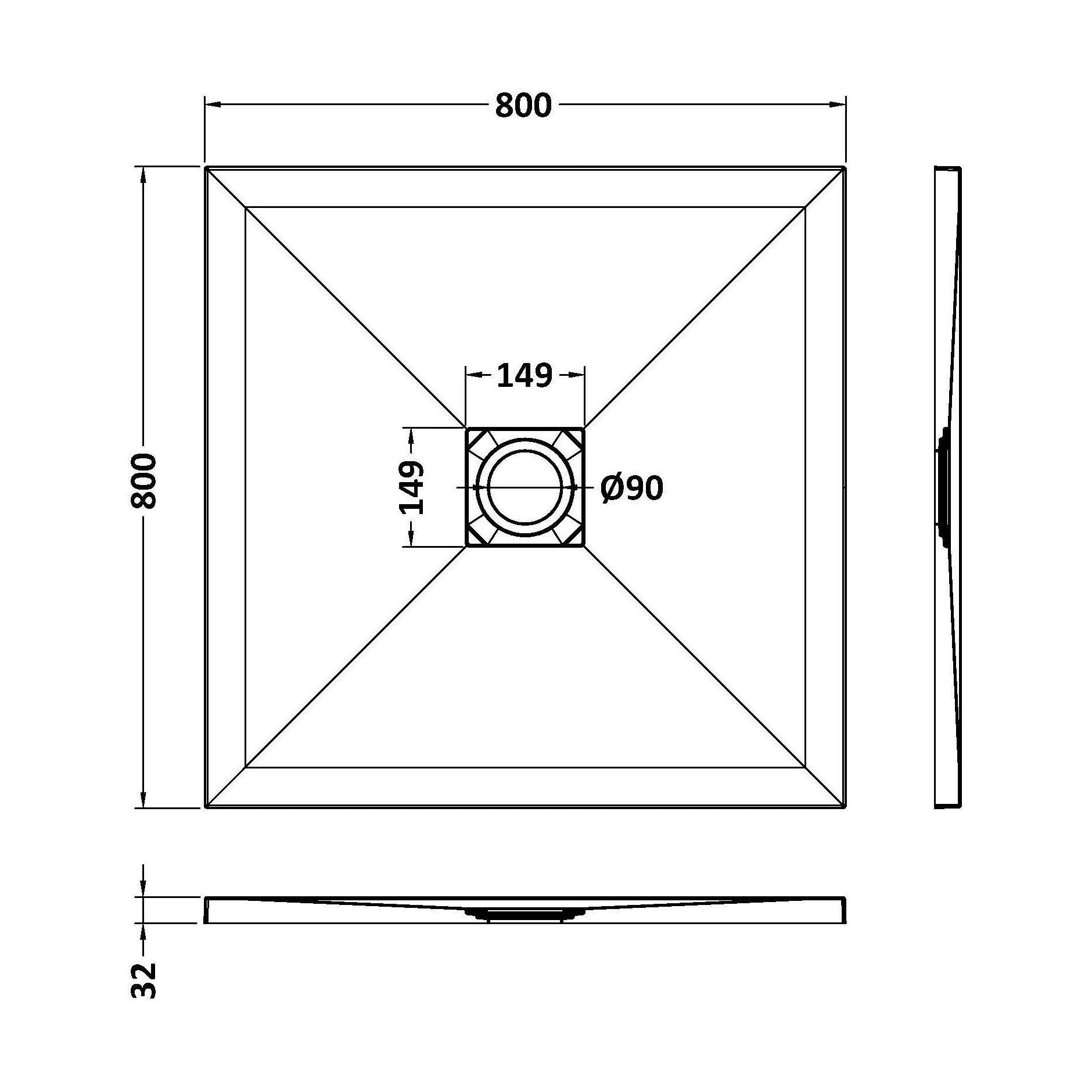 [BELT61006] Balterley Shower Tray Ultra-Slim 32mm Low-Profile Square - Choice of Size and Finish - Technical Drawing