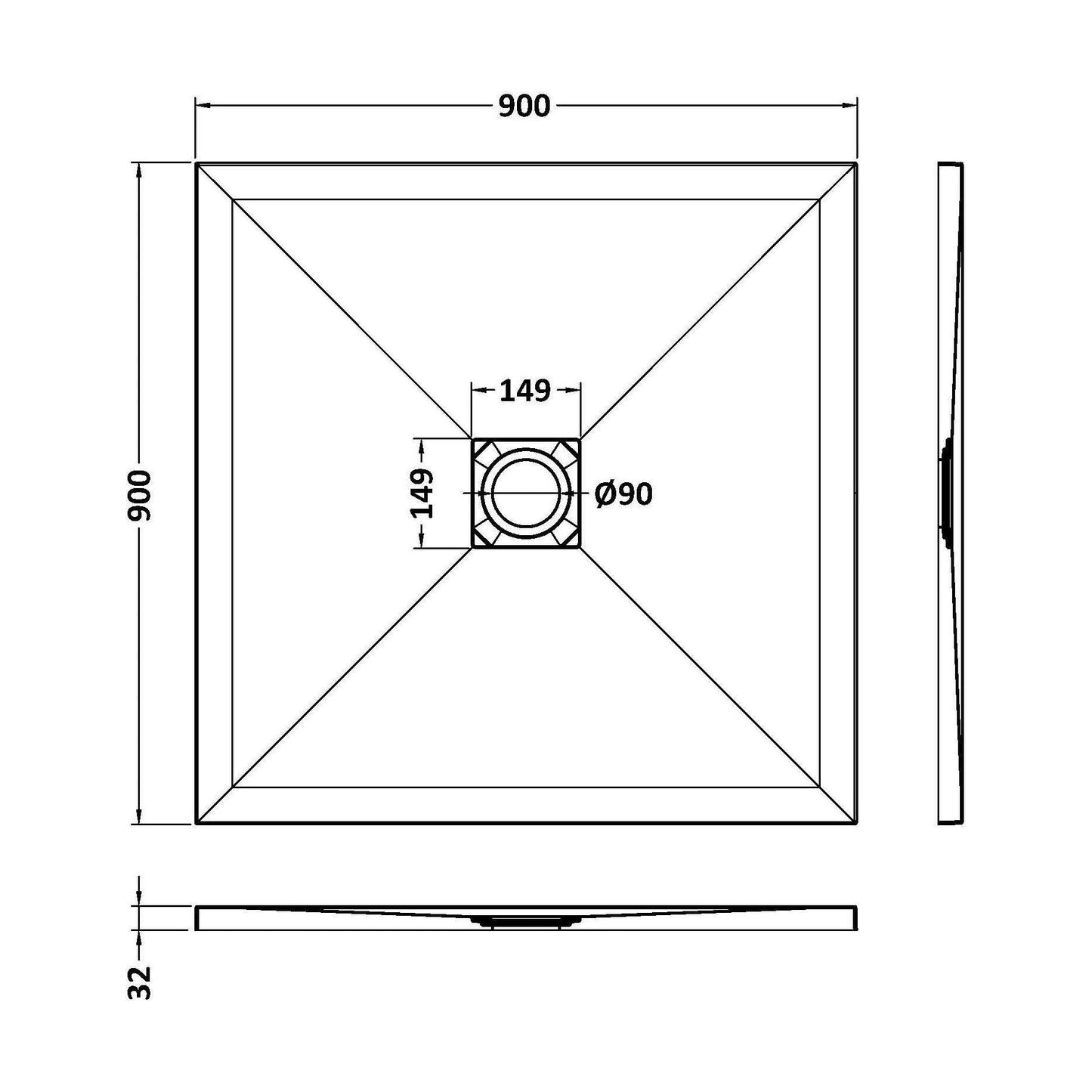 [BELT61010] Balterley Shower Tray Ultra-Slim 32mm Low-Profile Square - Choice of Size and Finish - Technical Drawing