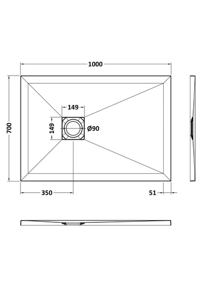 [BELT61021] Balterley Shower Tray Premium Slimline Rectangular - Multiple Sizes and Finishes - Technical Drawing