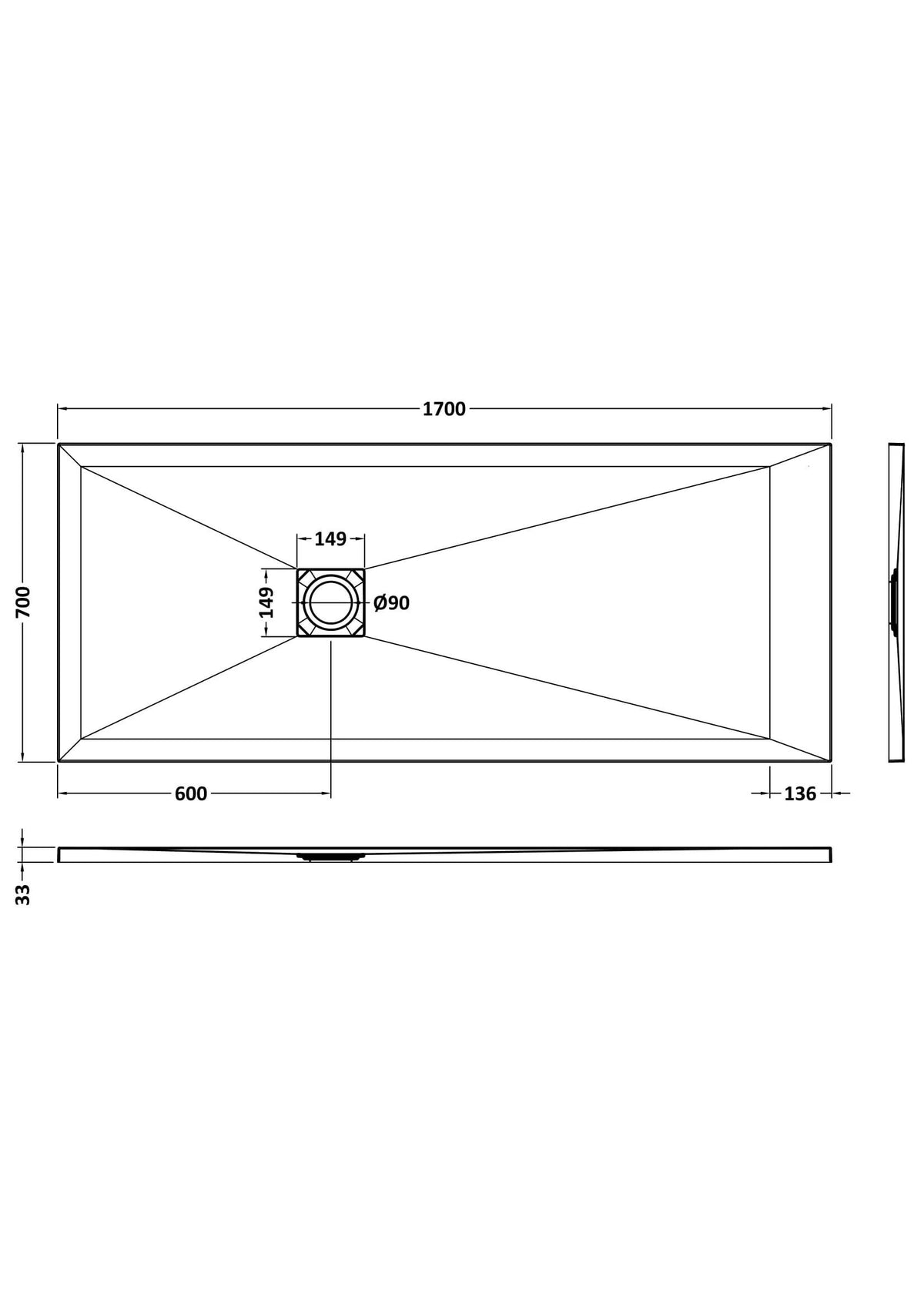 [BELT61061] Balterley Shower Tray Premium Slimline Rectangular - Multiple Sizes and Finishes - Technical Drawing
