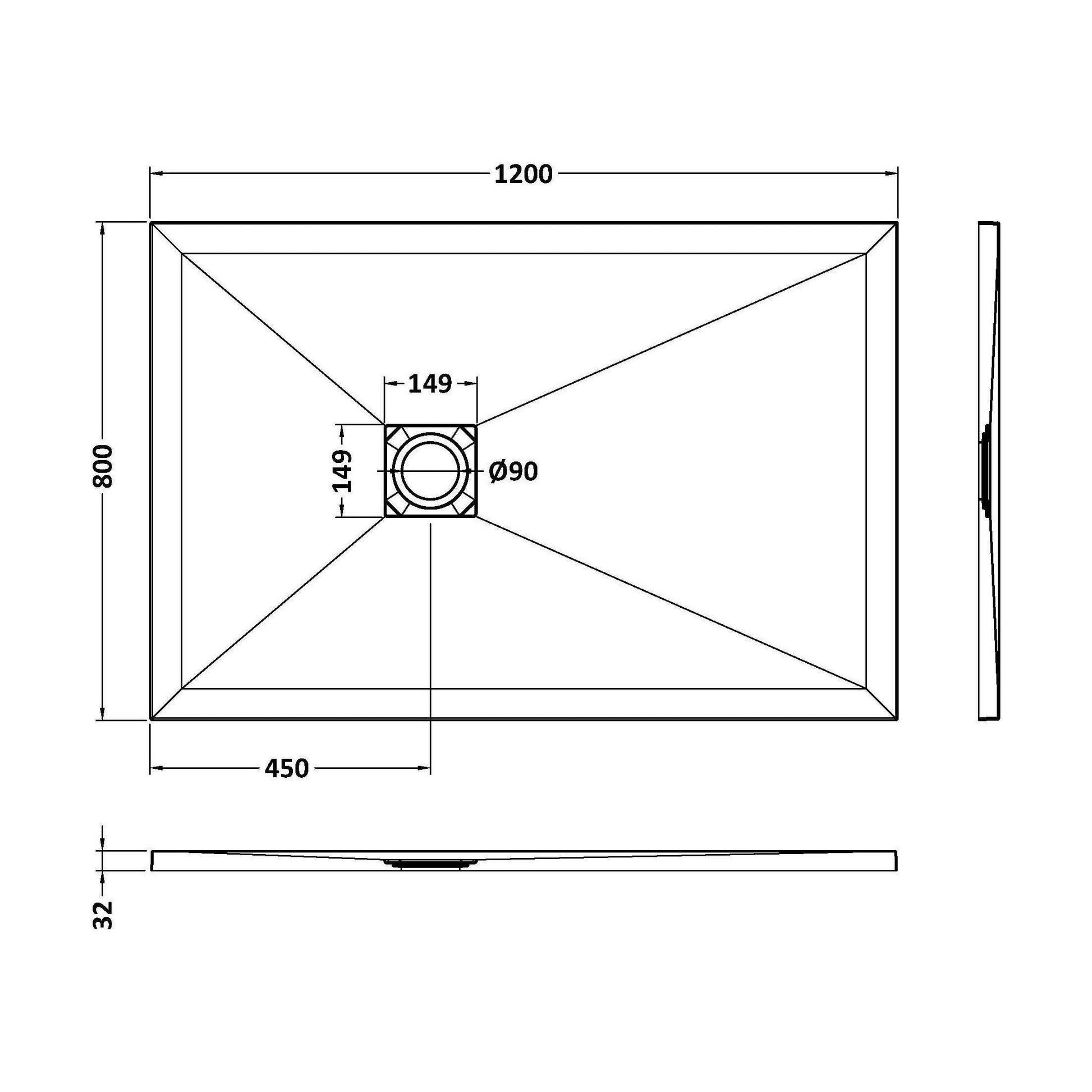 [BELT71023] Balterley Shower Tray Premium Slimline Rectangular - Multiple Sizes and Finishes - Technical Drawing