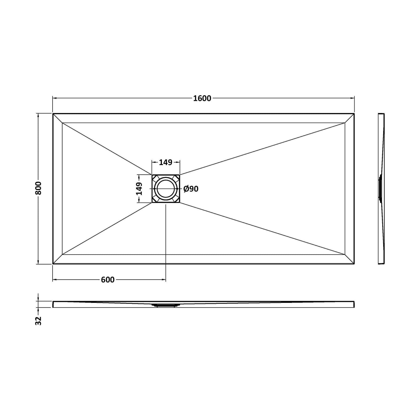 [BELT71053] Balterley Shower Tray Premium Slimline Rectangular - Multiple Sizes and Finishes - Technical Drawing