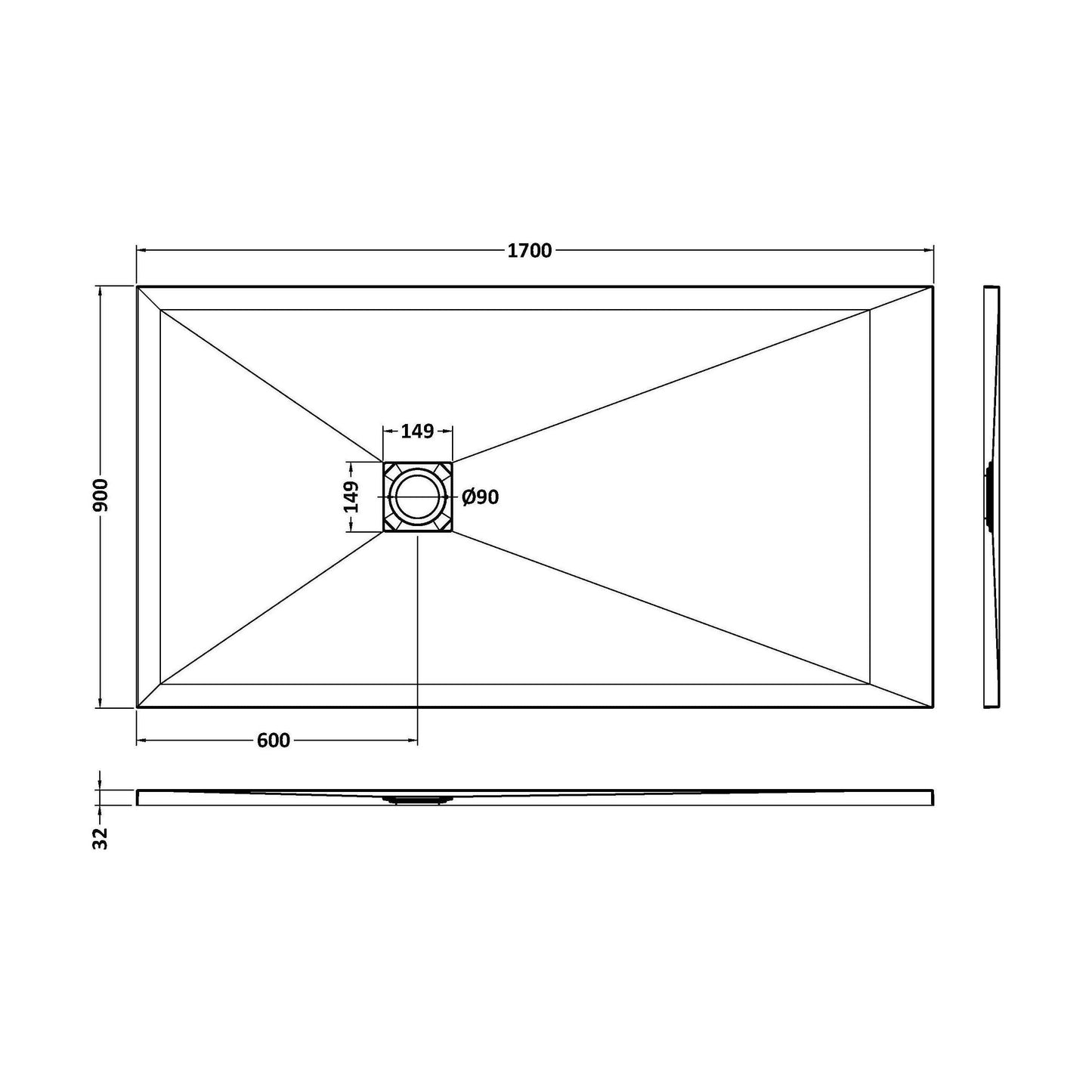 [BELT71064] Balterley Shower Tray Premium Slimline Rectangular - Multiple Sizes and Finishes - Technical Drawing