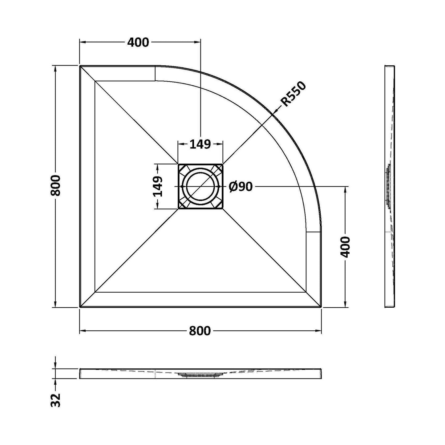 [BELT71105] Balterley Shower Tray Premium Slimline Quadrant - Multiple Sizes and Finishes - Technical Drawing