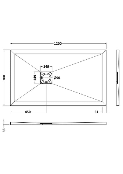 [BELT91011] Balterley Shower Tray Premium Slimline Rectangular - Multiple Sizes and Finishes - Technical Drawing