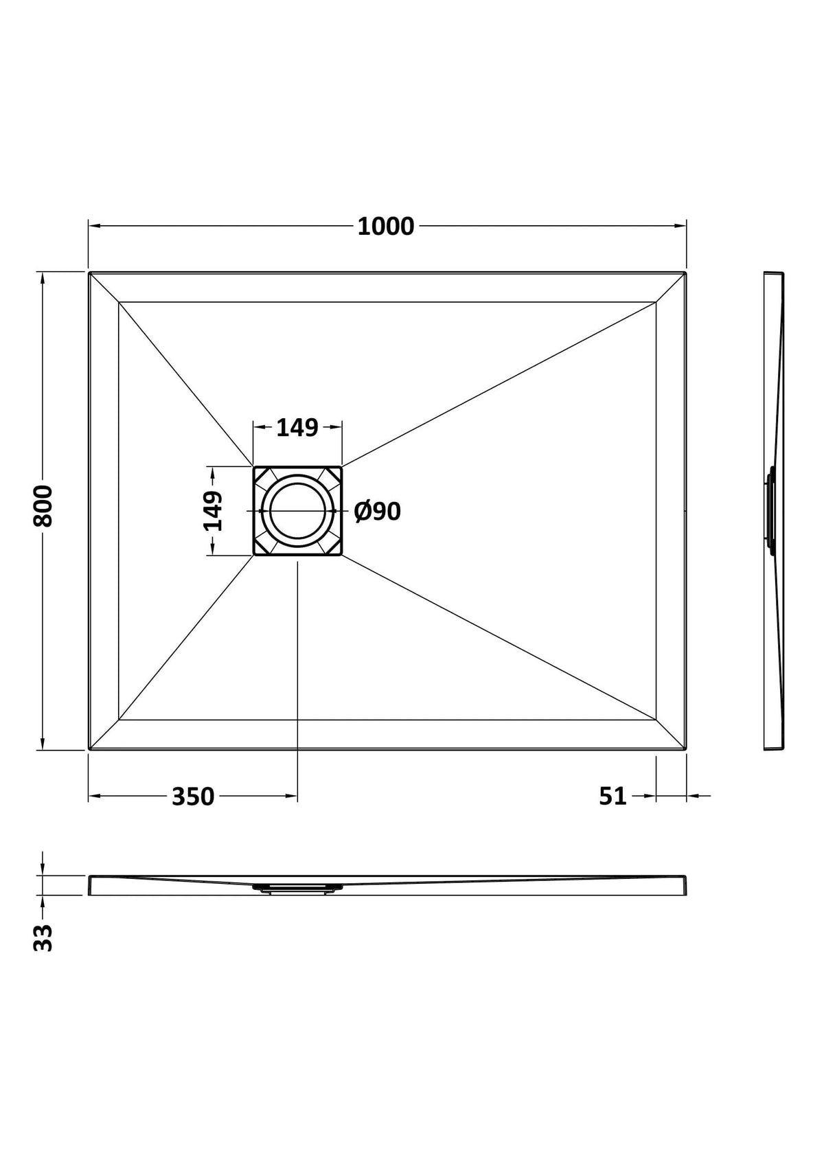[BELT91013] Balterley Shower Tray Premium Slimline Rectangular - Multiple Sizes and Finishes - Technical Drawing