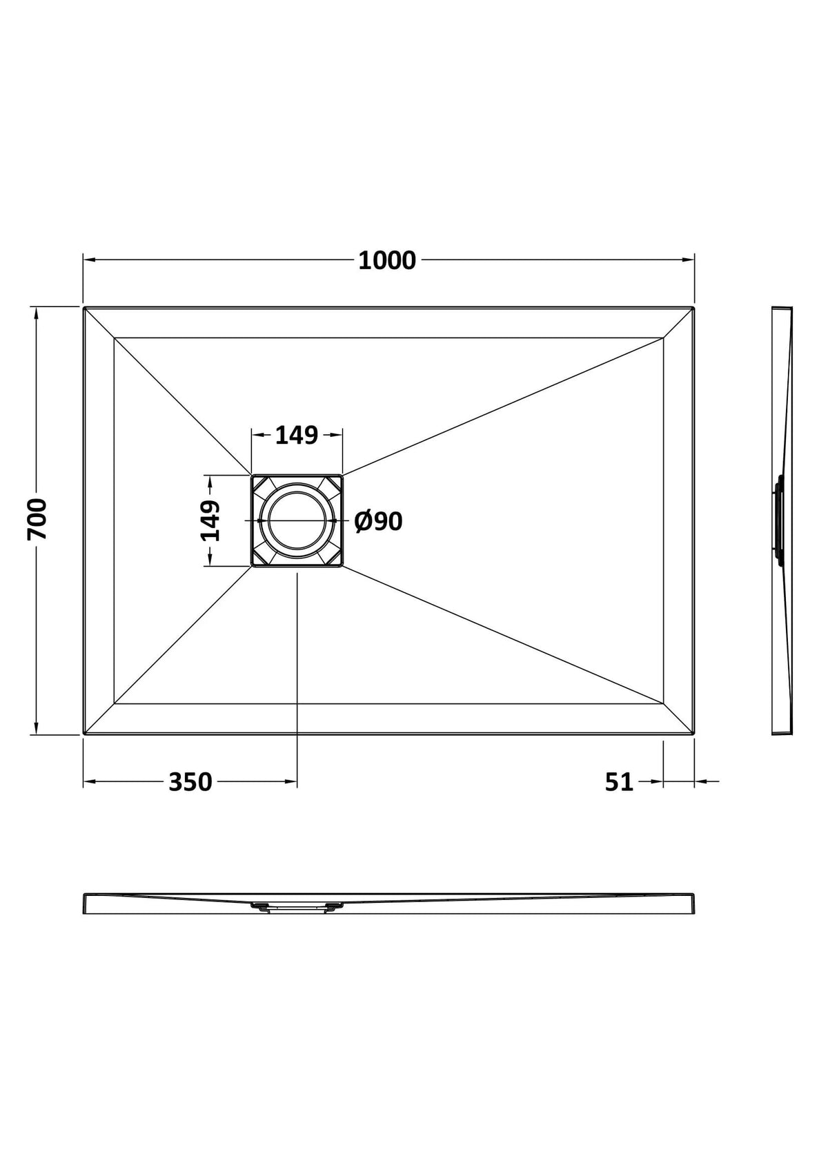 [BELT91021] Balterley Shower Tray Premium Slimline Rectangular - Multiple Sizes and Finishes - Technical Drawing