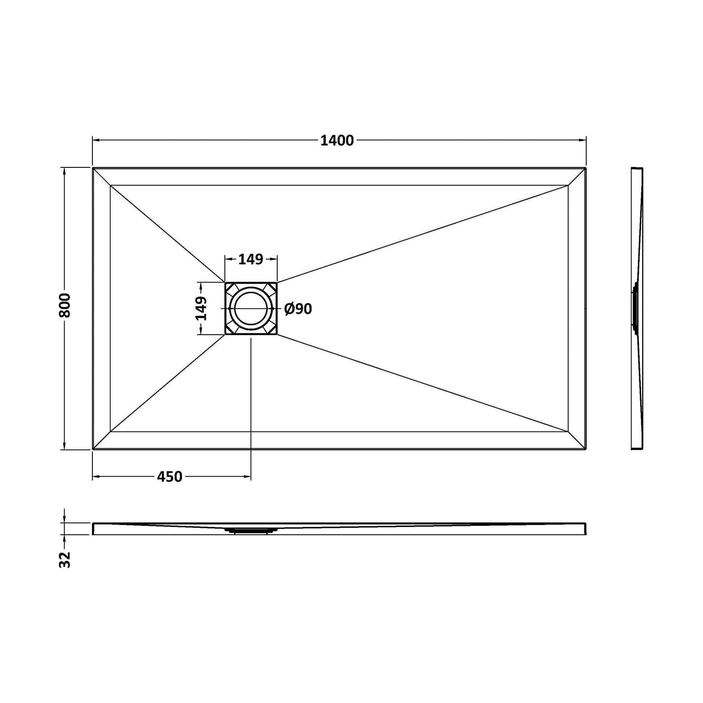 [BELT91033] Balterley Shower Tray Premium Slimline Rectangular - Multiple Sizes and Finishes - Technical Drawing