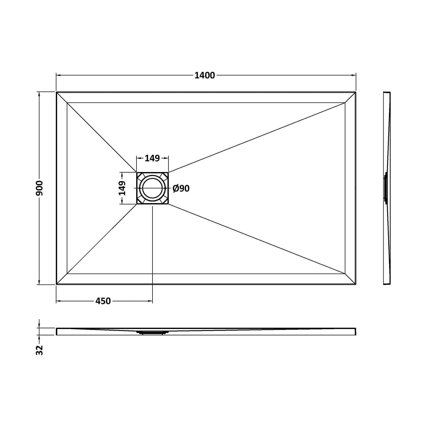 [BELT91034] Balterley Shower Tray Premium Slimline Rectangular - Multiple Sizes and Finishes - Technical Drawing