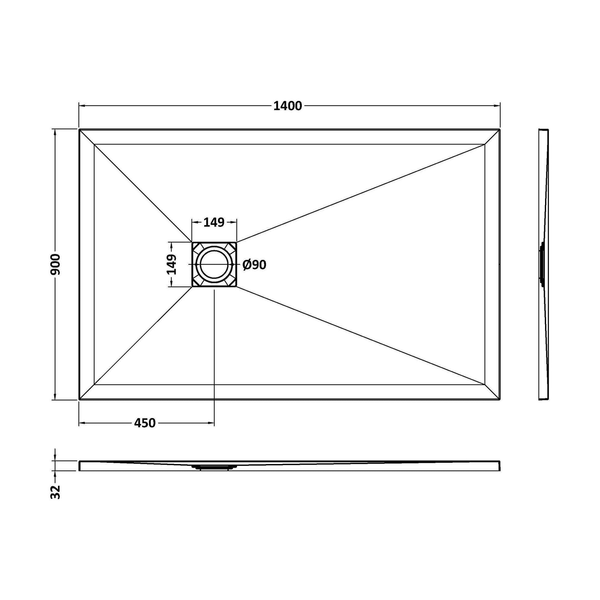 [BELT91034] Balterley Shower Tray Premium Slimline Rectangular - Multiple Sizes and Finishes - Technical Drawing