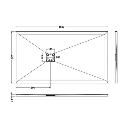 [BELT91054] Balterley Shower Tray Premium Slimline Rectangular - Multiple Sizes and Finishes - Technical Drawing