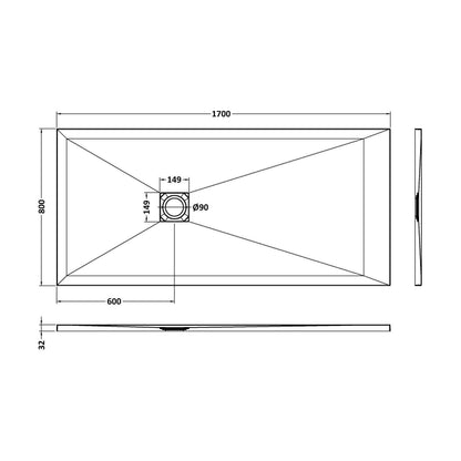 [BELT91063] Balterley Shower Tray Premium Slimline Rectangular - Multiple Sizes and Finishes - Technical Drawing