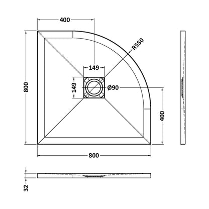 [BELT91105] Balterley Shower Tray Premium Slimline Quadrant - Multiple Sizes and Finishes - Technical Drawing