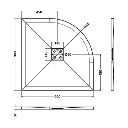 [BELT91106] Balterley Shower Tray Premium Slimline Quadrant - Multiple Sizes and Finishes - Technical Drawing