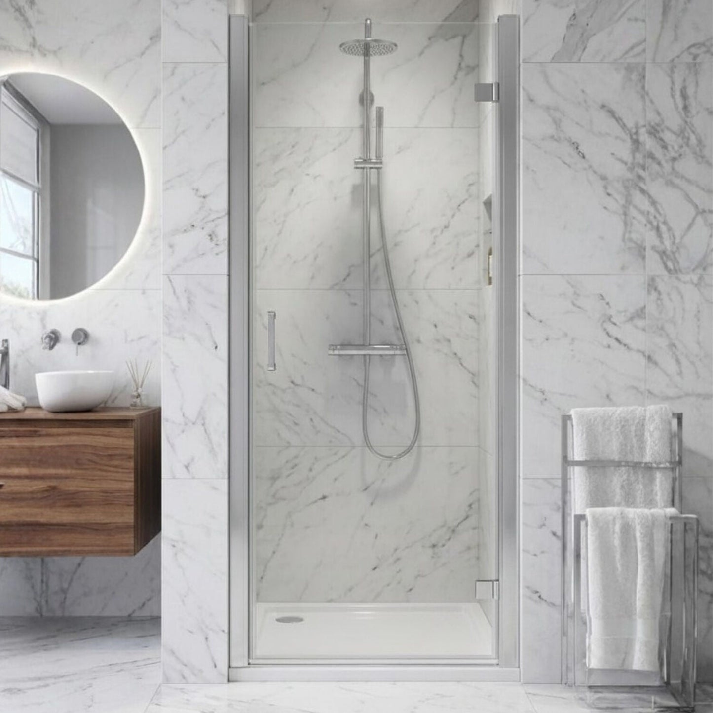 [BELUHD80-E8] Ellenhall 8mm Toughened Safety Glass Hinged Shower Door, 1900mm Height - Choice of Size and Finish - Silo
