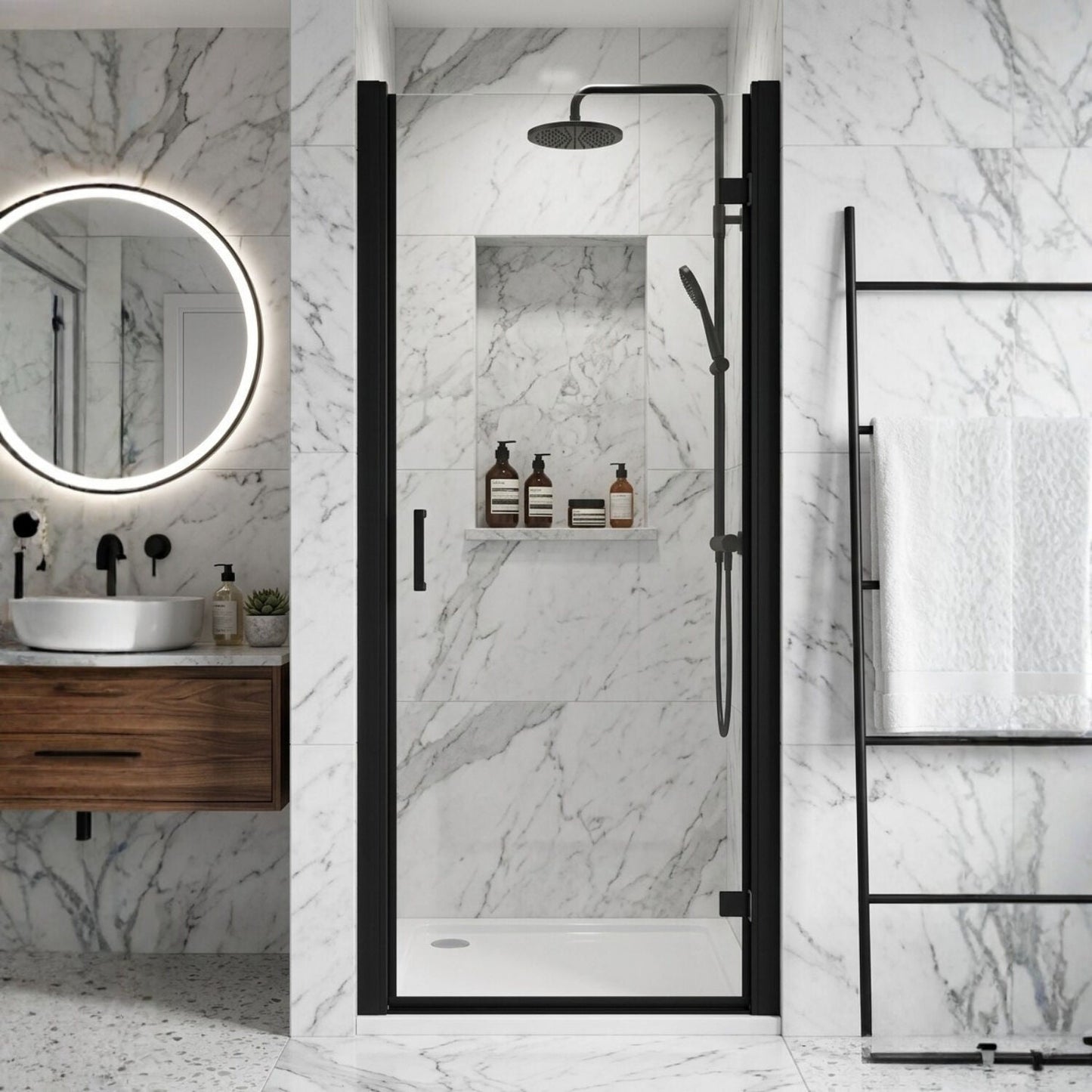 [BELUHD80BP-E8] Ellenhall 8mm Toughened Safety Glass Hinged Shower Door, 1900mm Height - Choice of Size and Finish - Silo