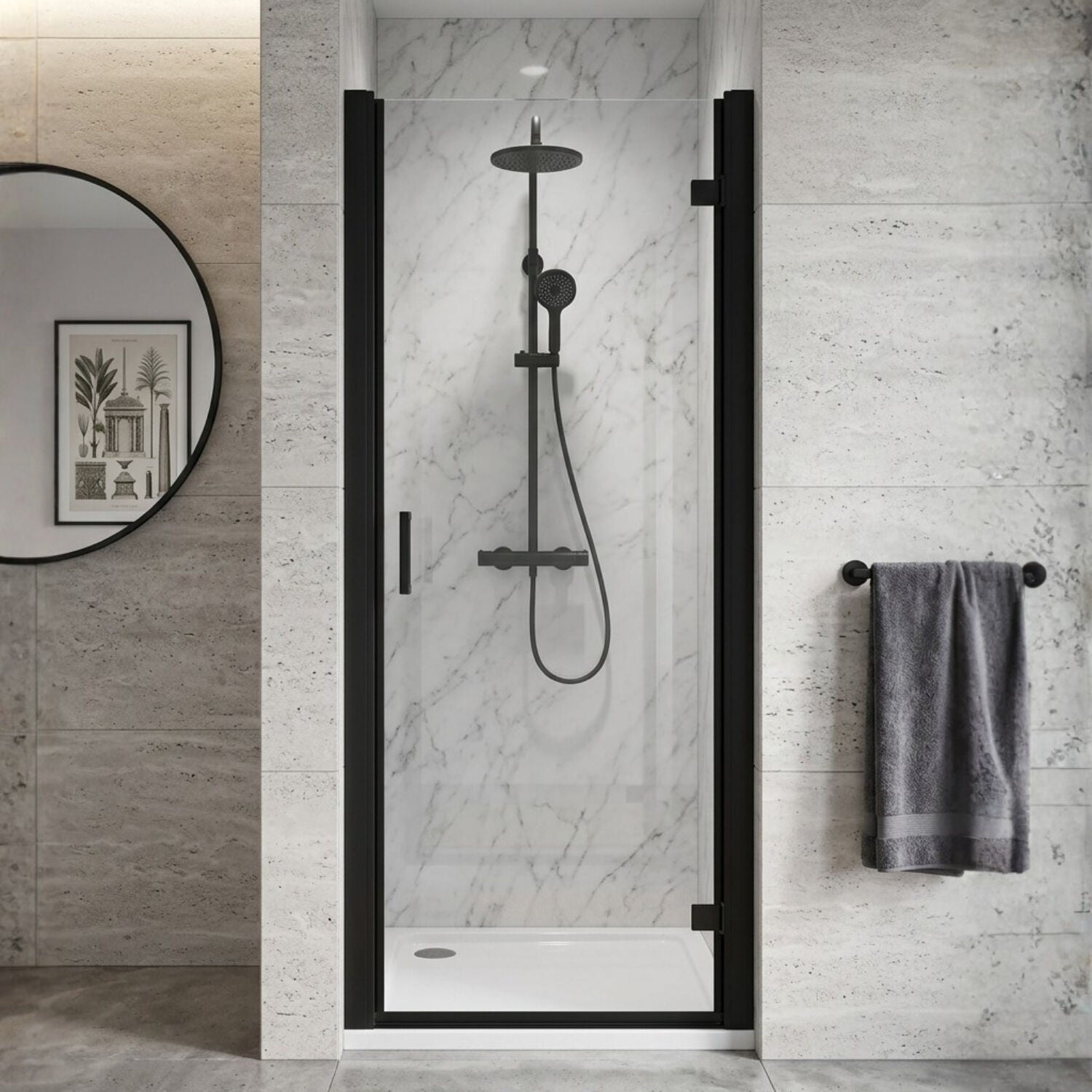 [BELUHD90BP-E8] Ellenhall 8mm Toughened Safety Glass Hinged Shower Door, 1900mm Height - Choice of Size and Finish - Silo